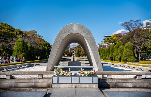 Nagasaki, Japan - December 9, 2012: The Peace Park Monolith in Nagasaki Peace Park. The Monolith marks the epicenter of the atomic bombing on August 9, 1945.