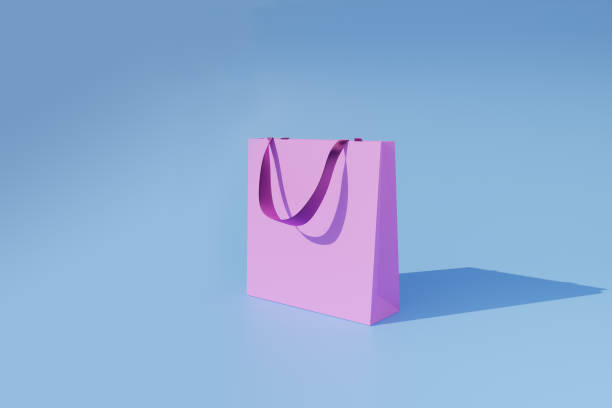 istock Pink shopping bag on blue background. 3d render illustration 1370723813