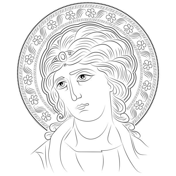 illustrazioni stock, clip art, cartoni animati e icone di tendenza di icona bizantina arcangelo divino contorno stile arte illustrazione vettoriale con decorazione ornamentale floreale - aureola simbolo illustrazioni
