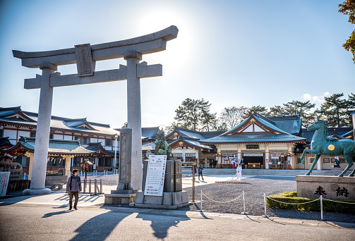24 march 2019, Hiroshima - Japan: Gokoku Shrine was founded in 1868, 1st year of the Meiji period, in Futabanosato, moved and rebuilt in the confines of Hiroshima castle in 1965