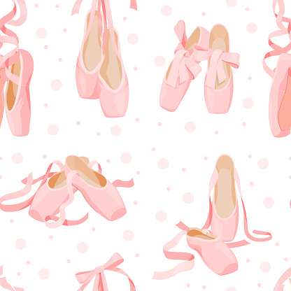 Pink elegant ballet flats seamless pattern vector flat illustration pointe shoes ballet costume