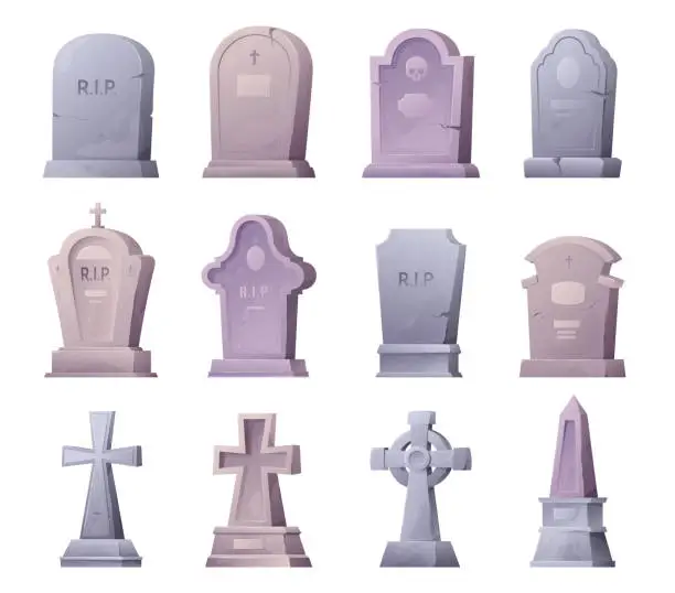 Vector illustration of Collection isometric tombstones and grave crosses vector cemetery grave old burial memorials