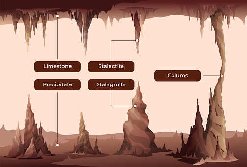 Stalactites and stalagmites infographic landscape vector flat illustration. Natural dangerous melting rock underground prehistoric formation with names educational poster. Geology chart scheme