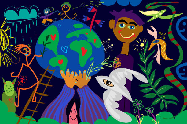 Children's drawing Illustration of Planet Earth being surrounded by plant stems and animal energy conservation posters drawing stock illustrations