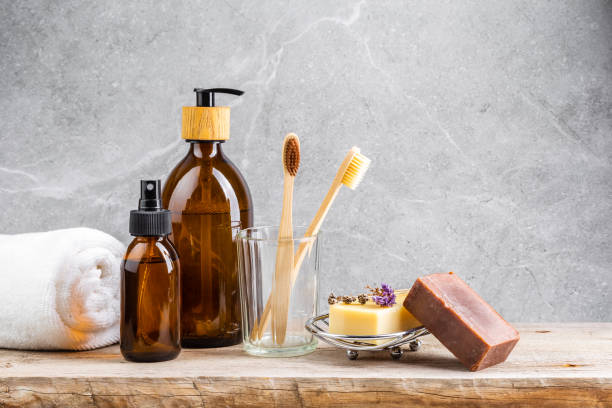 istock Bathroom table with natural body care products 1370728490