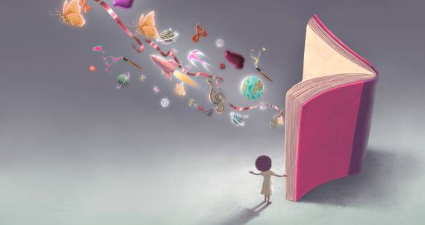 ilustrações de stock, clip art, desenhos animados e ícones de books of imagination. surreal art. fantasy painting. concept idea of education dream and reading. - picture book