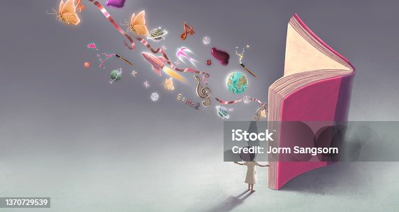 istock Books of imagination. Surreal art. fantasy painting. Concept idea of education dream and reading. 1370729539