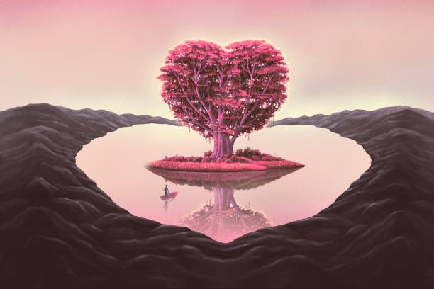 ilustraciones, imágenes clip art, dibujos animados e iconos de stock de arte conceptual del amor. pintura fantástica, ilustración surrealista. un corazón de árbol. - loneliness backgrounds beauty beauty in nature