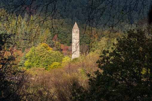 Glendalough Round tower, built of mica-slate interspersed with granite is about 30 meters high,