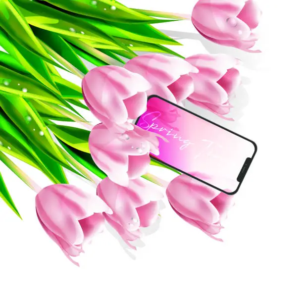 Vector illustration of Creative spring set of tech devices and flowers. Mobile phone with pink tulips on an isolated white background. Graphic vector illustration in EPS 10 format.