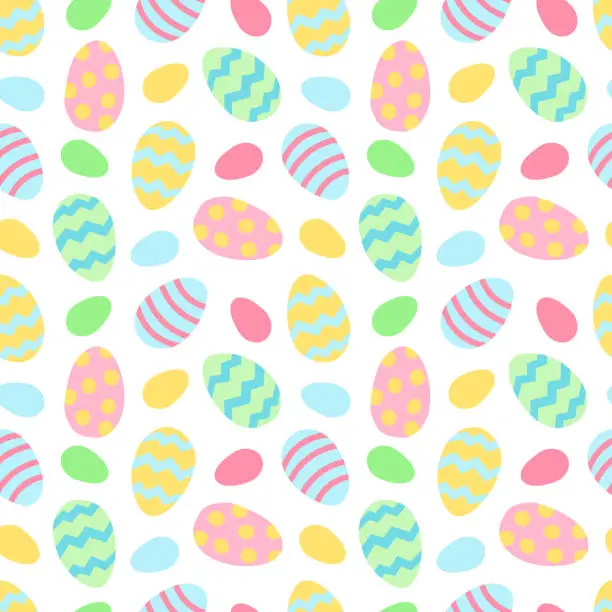 Vector illustration of Seamless vector pattern on the Easter theme. Bright spring background. Digital ornament with colorful dyed eggs for wrapping paper, fabrics, web design, holiday decorations, postcards, etc.