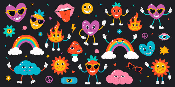big set of cute characters and elements in 90s style. hippie, psychedelic, groove, retro and vintage style. vector illustration - 彩虹 插圖 幅插畫檔、美工圖案、卡通及圖標
