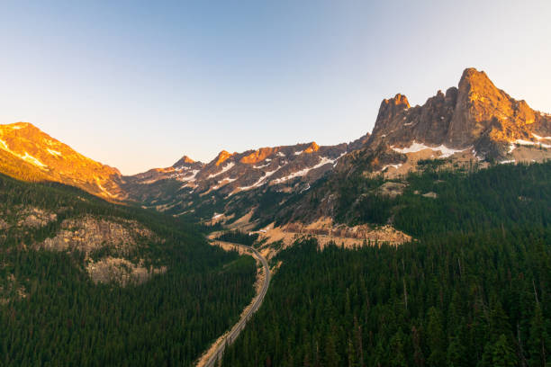 Golden sunset light on the beautiful north cascade range at Washington Pass Overlook, North Cascades National Park Complex, Washington