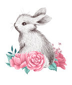 istock Happy Easter congratulation card design with cute bunny sit in pastel colored spring flowers isolated. Watercolor hand drawn illustration. For prints, banners, invitations etc. 1370732591