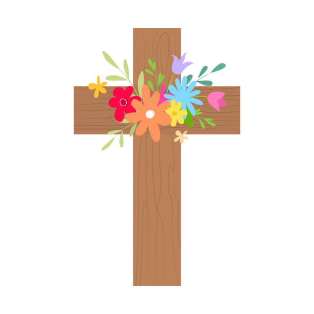 A cute wooden cross decorated with colorful flowers A cute wooden cross decorated with colorful flowers. Easter, Christ Christ is risen. Flat vector illustration isolated on white background pics of a cross easter lilies stock illustrations