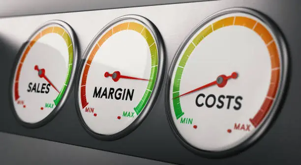 3d illustration of sales, margin and costs gauges.  Concept of profitability analysis. Financial metrics.