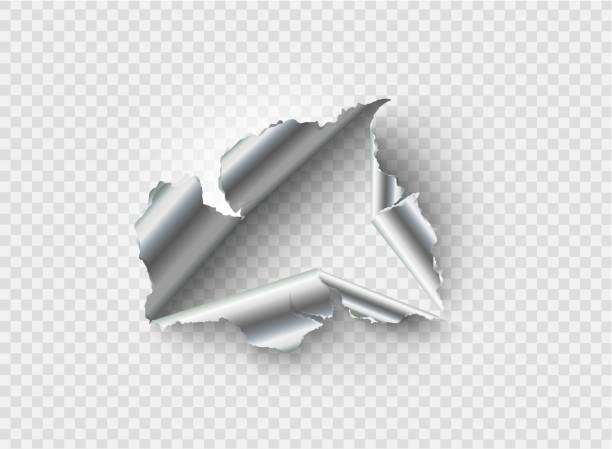 poszarpany otwór rozdarty w zgranym metalu na przezroczystym tle - two dimensional shape paper exploding peel stock illustrations