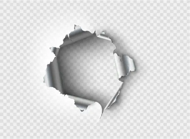 Vector illustration of ragged Hole torn in ripped metal on transparent background