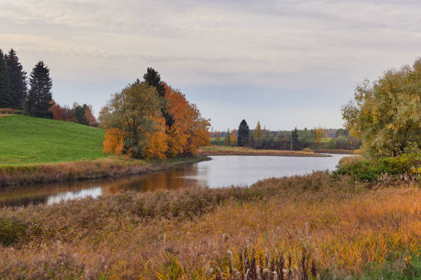 Porvoonjoki in the Finnish town of Askola: autumn, colorful trees, sunny day.