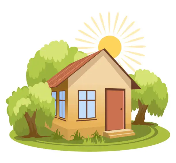 Vector illustration of Summer landscape. House surrounded by trees