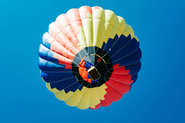 istock Multicolored hot air balloon on blue sky close up horisontal 1370737441