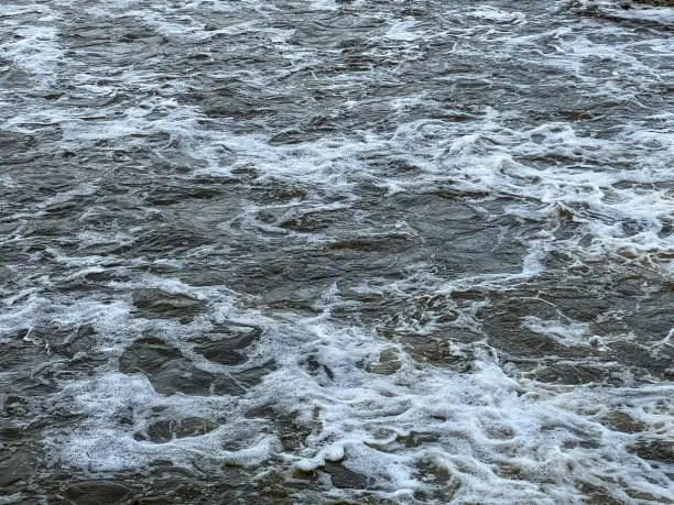 Photo of Swirled water at the waterfall in winter.