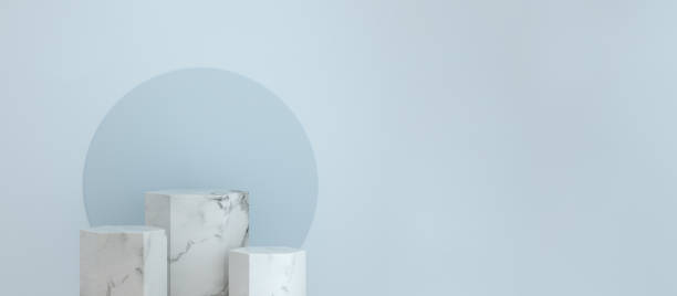 istock Panoramic Marble hexagon podium pedestal product display on blue background with minimalist backdrop studio. 1370737710