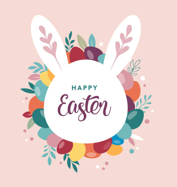 Happy Easter banner, poster, greeting card. Trendy Easter design with typography, bunnies, flowers, eggs, bunny ears, in pastel colors. Modern minimal style vector art illustration