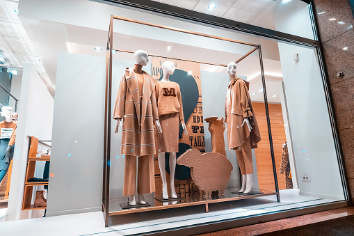 18 October 2021, Moscow, Russia: Luxury Max Mara boutique showcase with trendy clothes