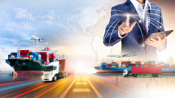 istock Businessman touching virtual screen world map of Global logistics network distribution, Container cargo freight ship at industrial port for logistics Import export background, Smart technology concept 1370740357
