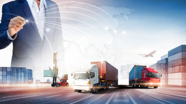 istock Businessman touching virtual screen world map of Global logistics network distribution, Container cargo freight ship at industrial port for logistics Import export background, Smart technology concept 1370740430
