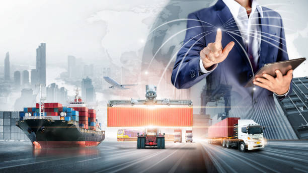 istock Businessman touching virtual screen world map of Global logistics network distribution, Container cargo freight ship at industrial port for logistics Import export background, Smart technology concept 1370740473