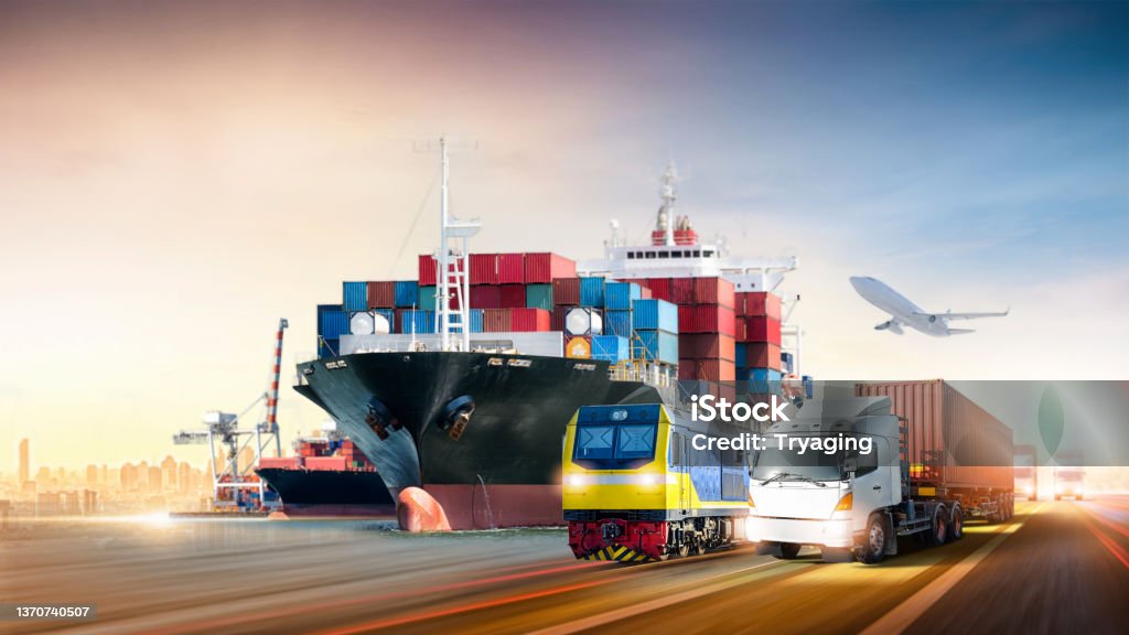 Global business logistics import export and container cargo freight ship, Airplane, container truck on highway with Freight Train at cargo port, Transportation industry concept, Depth blur effect Transportation Stock Photo