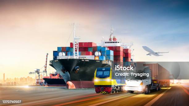 Global Business Logistics Import Export And Container Cargo Freight Ship Airplane Container Truck On Highway With Freight Train At Cargo Port Transportation Industry Concept Depth Blur Effect Stock Photo - Download Image Now