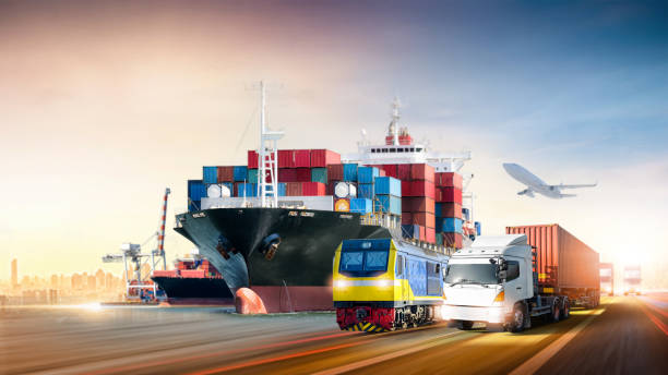 global business logistics import export and container cargo freight ship, airplane, container truck on highway with freight train at cargo port, transportation industry concept, depth blur effect - freight liner imagens e fotografias de stock
