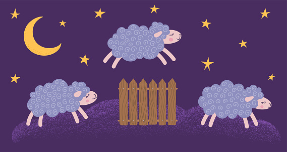 Three cute sheeps jumping over a fence at night