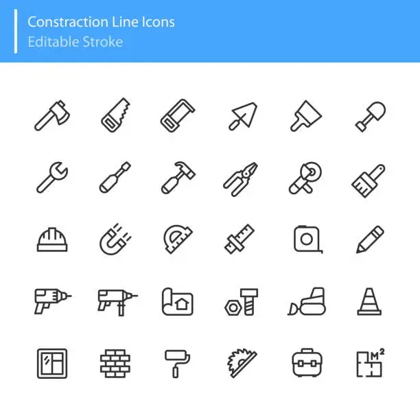 Vector illustration of Construction Line Icons Editable Stroke