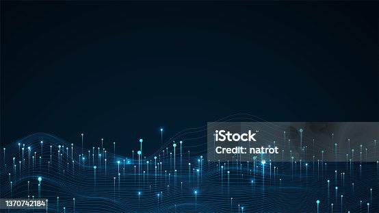 istock Big data visualization concept. Dynamic wave on blue background. Wave of particles 1370742184