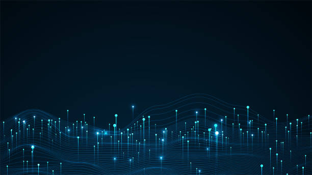 Big data visualization concept. Dynamic wave on blue background. Wave of particles Big data visualization concept. Dynamic wave on blue background. Wave of particles fiber optic stock illustrations