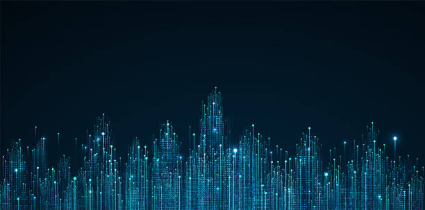 городской пейзаж на темно-синем фоне с ярким светящимся неоном. история технологического города - data stock illustrations