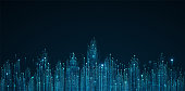 istock Cityscape on dark blue background with bright glowing neon. Technology city background 1370742380