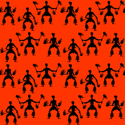 Polynesian fire dancers. Black and red. Seamless background pattern. Vector illustration