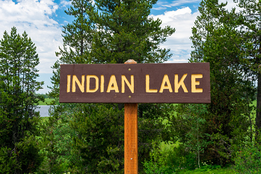 Grand Teton National Park, Wyoming \ USA - 7 July 2021: Sign for Indian Lake in Grand Teton National Park