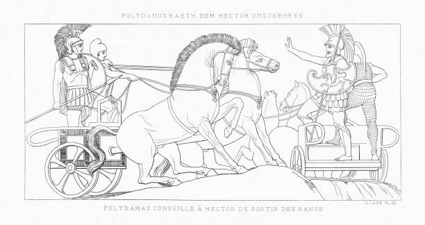 ilustrações, clipart, desenhos animados e ícones de polydamas aconselha hector a voltar (iliad), gravura de aço, 1833 - roman mythology warrior hector