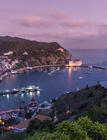 Sunset over Avalon Harbor, Catalina Island, California with pink sky showing lights coming on