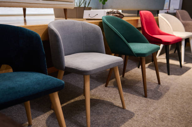 chairs in salon of furniture. showroom, exhibition hall of modern soft furniture, upholstered furniture - furniture store furniture retail textile imagens e fotografias de stock