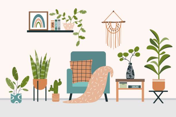 illustrations, cliparts, dessins animés et icônes de design d’intérieur biophilique. intérieur de salon confortable. chaise parmi différentes plantes. oreiller et plaid sur fauteuil. le macramé est accroché au mur. illustration vectorielle plate sur fond blanc isolé. - wallpaper retro revival living room decor