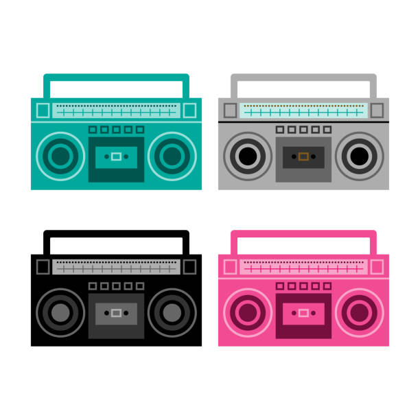 Retro boom box set. Audio cassette players, 1980s style. Retro boom box set. Audio cassette players, 1980s style. boom box stock illustrations