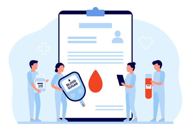 illustrations, cliparts, dessins animés et icônes de test du médecin vérifier le niveau de sucre dans le sang, concept de diabète. bandelette de test de goutte de sang pour mesurer le glucose. glucomètre à la main. illustration vectorielle - hyperglycemia