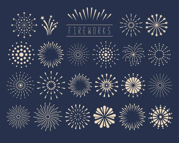 ilustrações, clipart, desenhos animados e ícones de coleção de ícones vetoriais de fogos de artifício. starburst com raios e trilhas, isolado em fundo azul escuro. a linha de explosão de luz brilha. feliz projeto de ano novo. - art deco